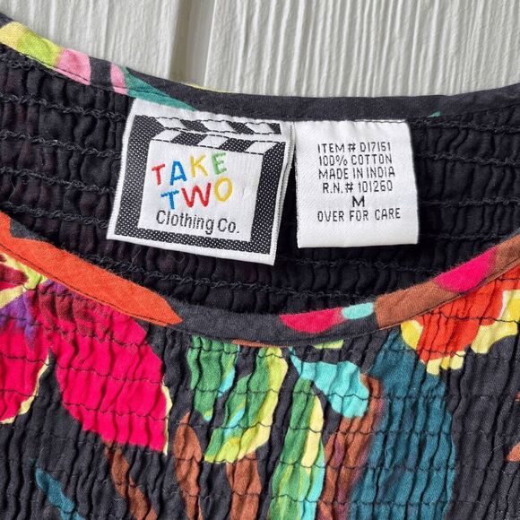 Vintage 90s Take Two Floral Smocked Cotton Dress M Bright Tropical Print - Picture 3 of 9